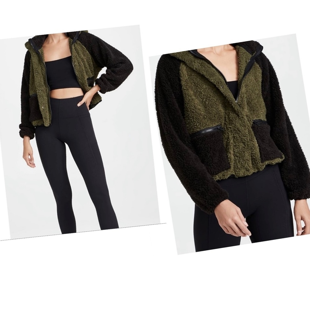 NWT PLUSH X REVOLVE Olive & Black Sherpa Zip Up Jacket with Hood